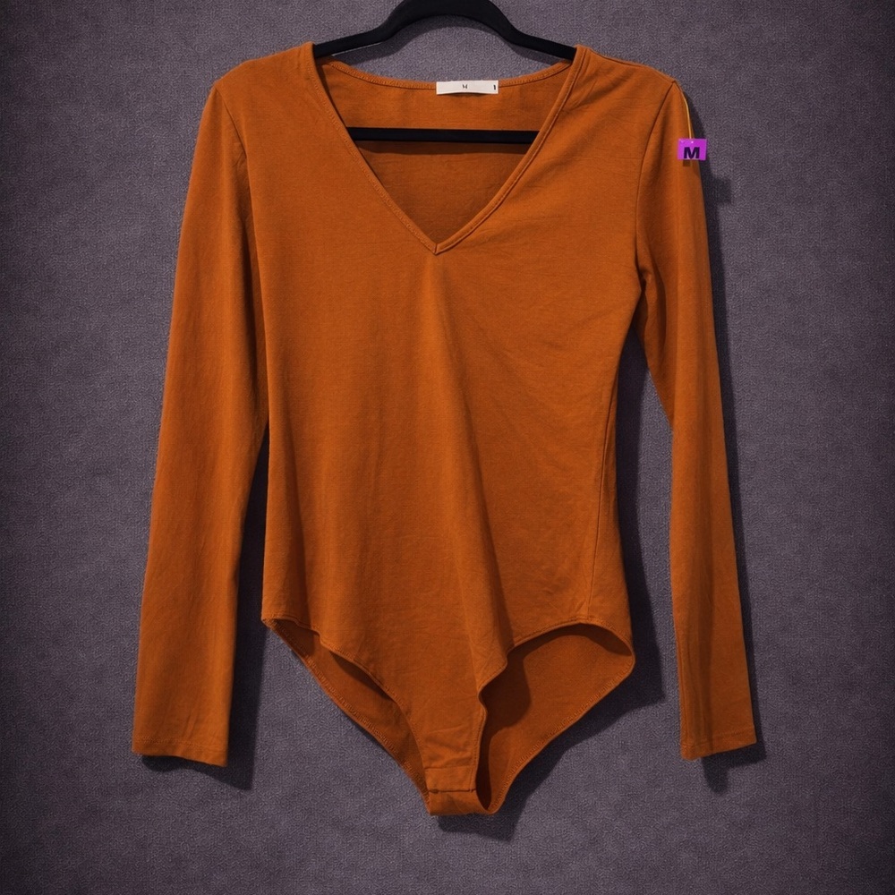 V-Neck Long Sleeve Bodysuit - Brown